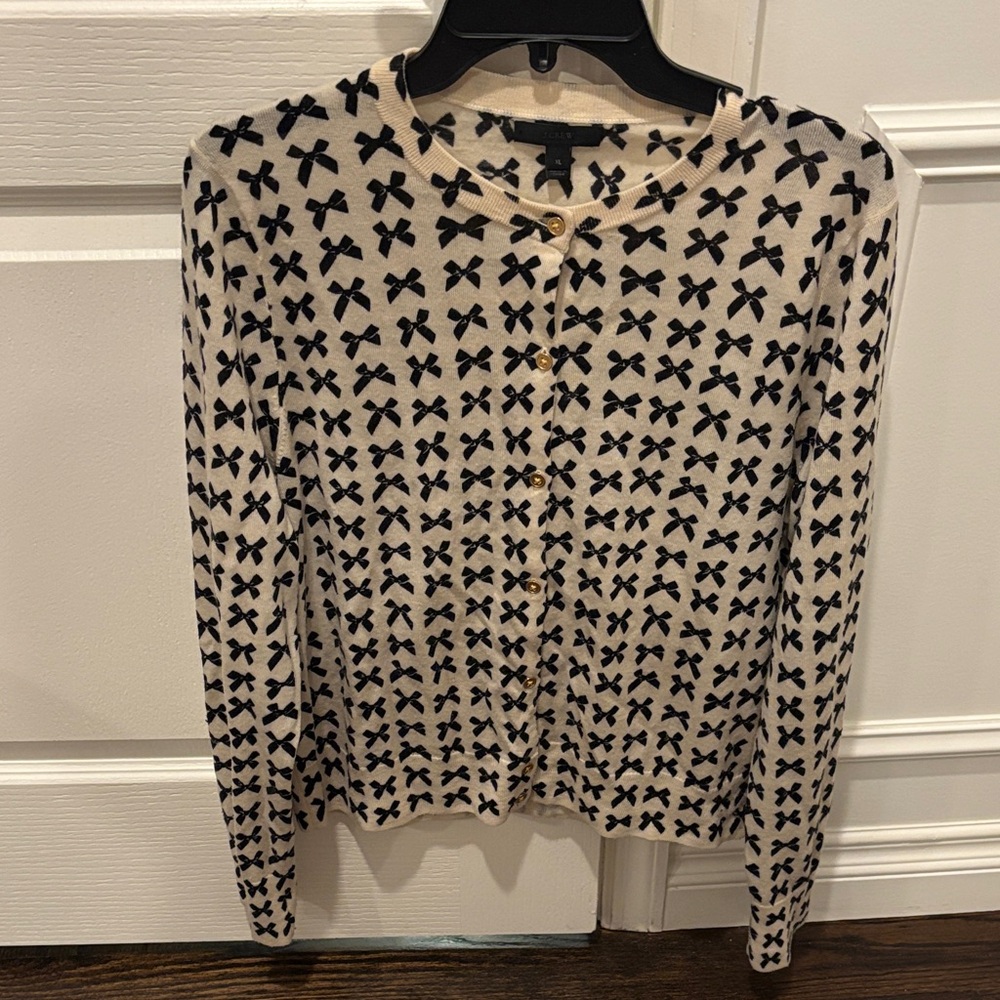 J. Crew Cream and Black Bow Cardigan